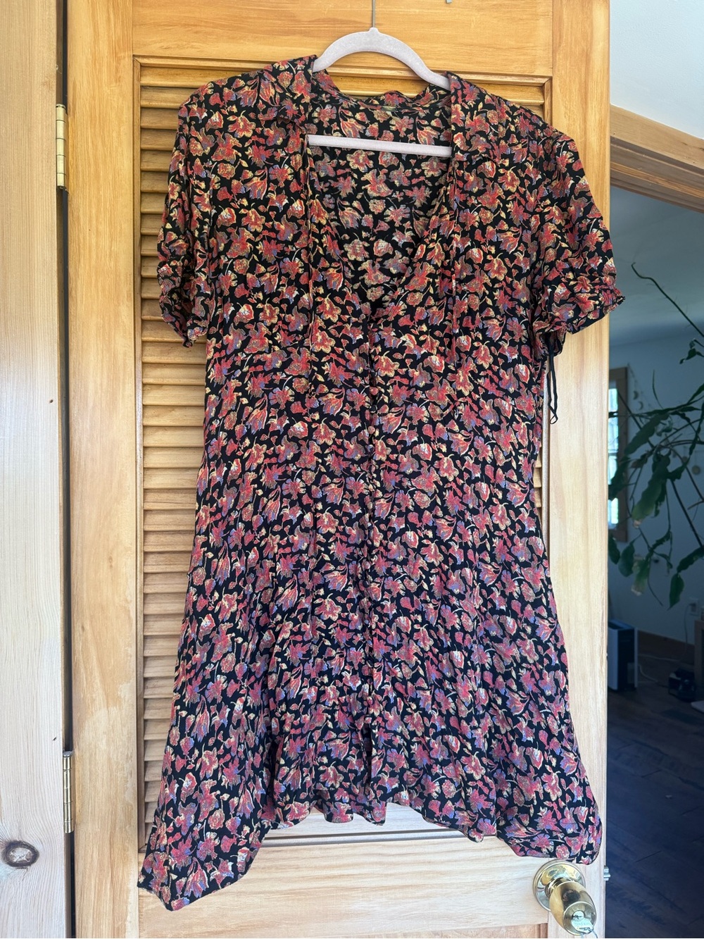 Free People Black Floral Button-Front Dress with Rust and Cream Flowers
